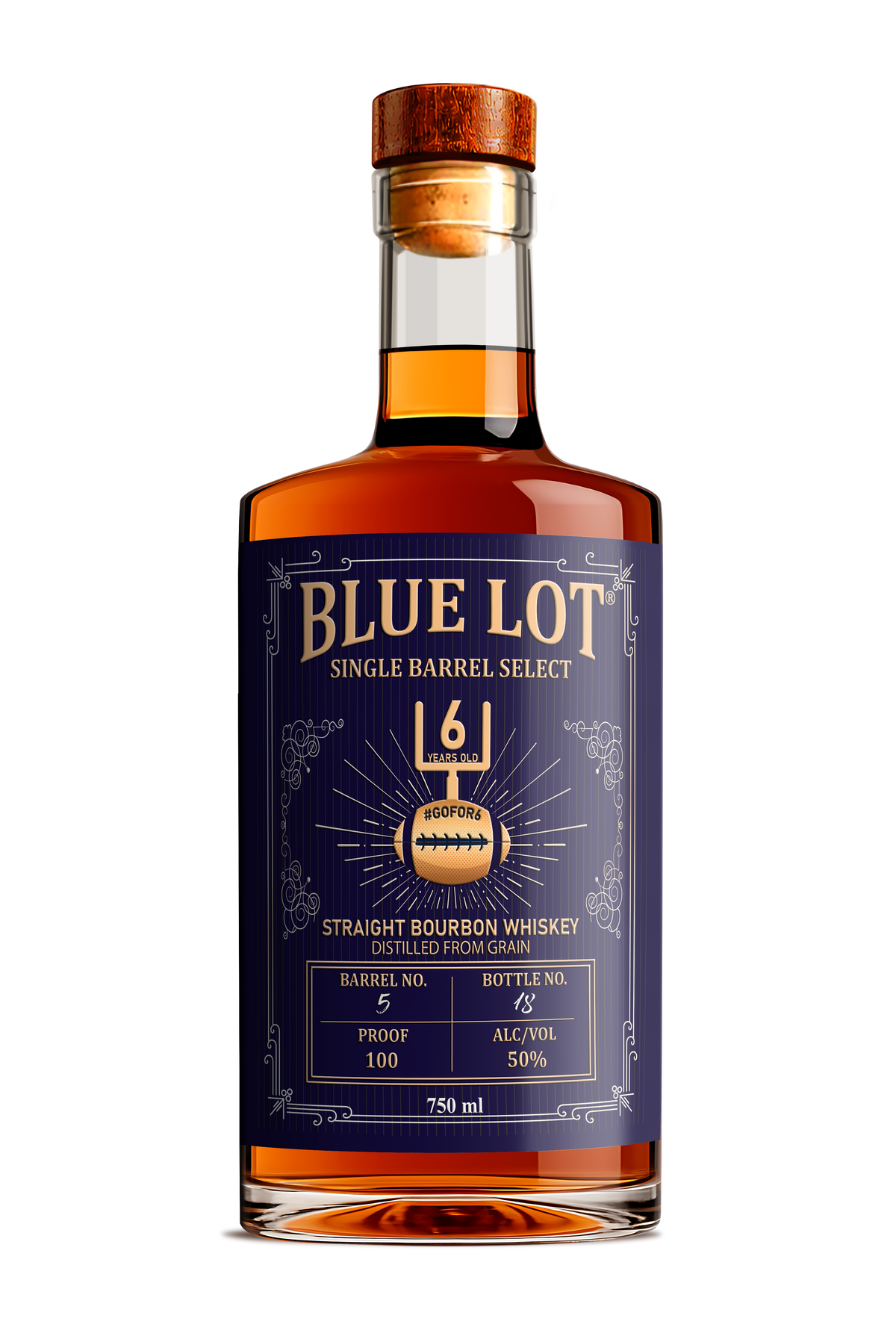 A bottle of Blue Lot Single Barrel Select straight bourbon whiskey, featuring a dark navy blue label with gold and white text, a gold barrel graphic, and amber liquid inside a clear glass bottle with a cork stopper.