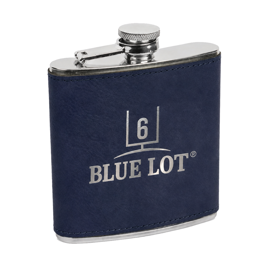A navy blue leather flask cover with a silver metal flask and cap, featuring the 'BLUE LOT' logo printed in silver on the front, set against a plain white background.
