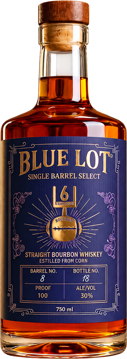 A bottle of Blue Lot Single Barrel Select 6 Year Straight Bourbon Whiskey, featuring amber liquid in a clear glass bottle with a dark blue label and a wooden stopper.