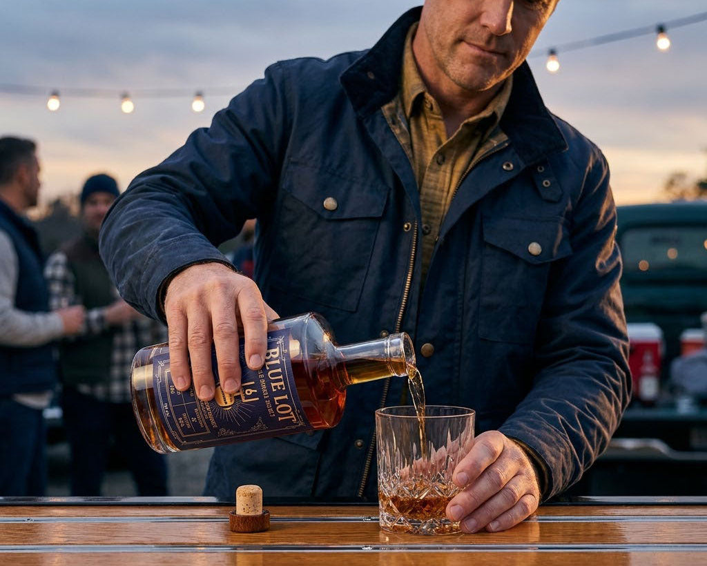 Blue Lot® bourbon being poured at an outdoor gathering.