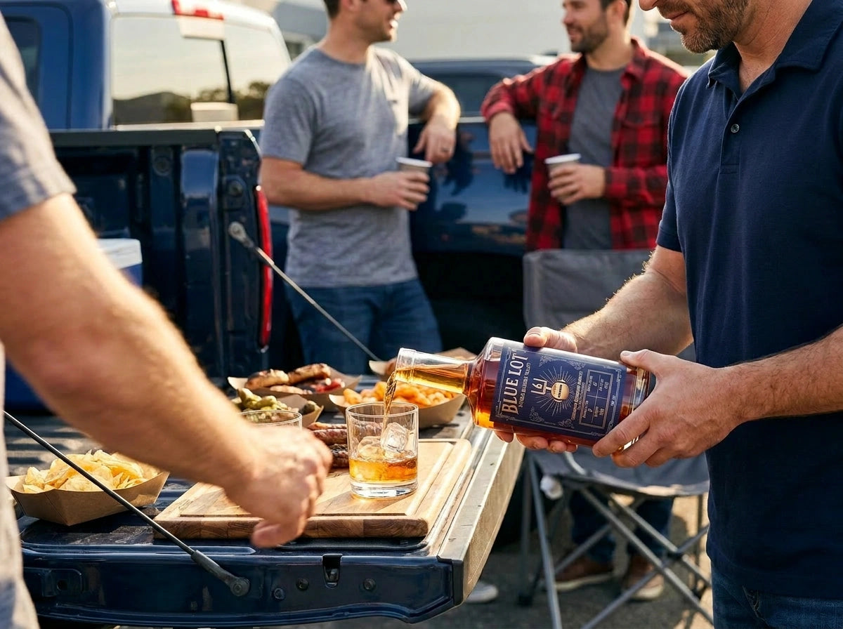 A man in a navy polo shirt pours amber liquid from a bottle labeled 'Blue Lot' into a glass at an outdoor tailgate event, with food and other people in the background.