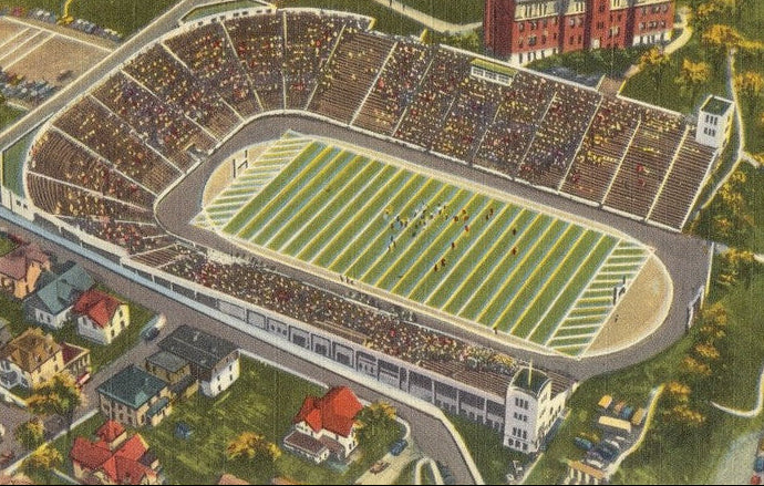 Vintage illustrated view of a large football stadium filled with spectators, surrounded by a track and nearby buildings and trees.